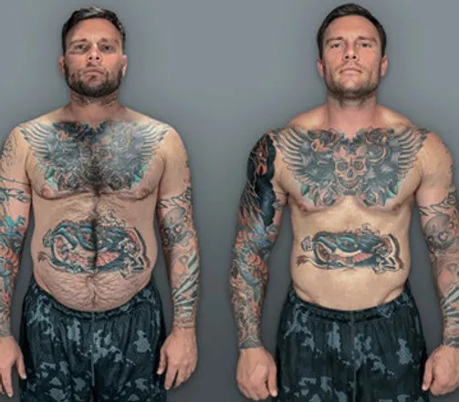 A man is shown in two side-by-side images depicting a weight loss transformation. Both images show the man with extensive tattoos on his chest, arms, and abdomen. In the image on the left, he appears heavier, while the image on the right shows a leaner physique. Customer feedback highlights his amazing progress.