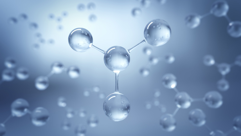 A 3D illustration of water molecules featuring a central molecule with one large, central sphere connected to two smaller spheres via rods, representing the hydrogen and oxygen atoms. The background is filled with similar, blurred molecular structures, reflecting the intricate beauty of health treatments like ozone therapy.