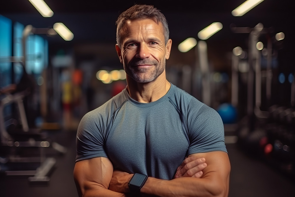 A man with short hair and a beard stands in a gym with his arms crossed, wearing a fitted blue t-shirt. He is smiling confidently, suggesting the positive effects of testosterone replacement therapy. The background is slightly blurred, showing gym equipment and warm lighting.