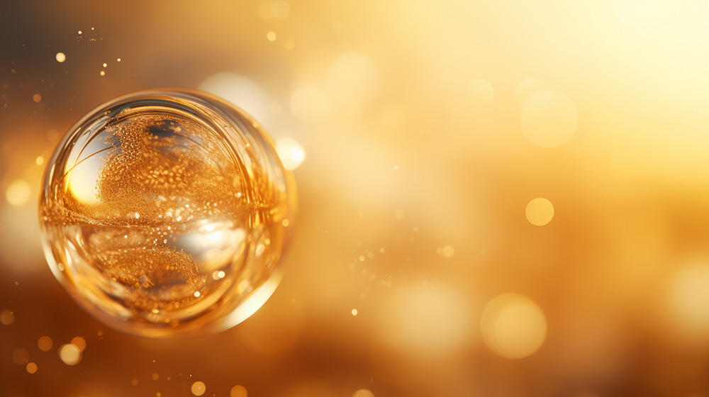 A single translucent bubble floats against a warm golden background. The bubble reflects light, creating intricate patterns and tiny sparkling details within it. Much like exosome therapy enhancing cell regeneration, the background features bokeh effects, adding to the overall dreamy and ethereal atmosphere.