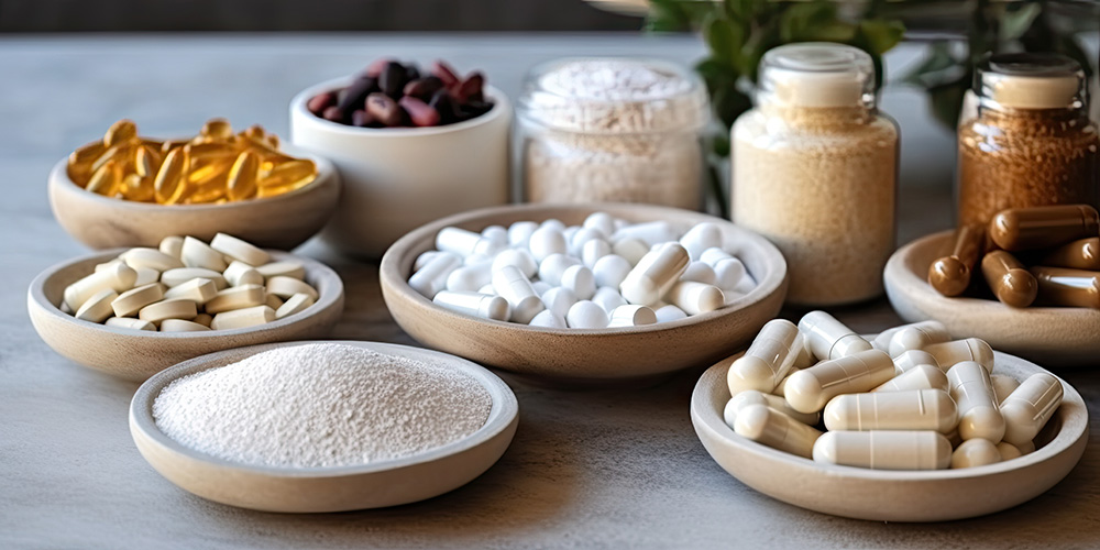A variety of supplements in wooden bowls and glass jars. The supplements include capsules, tablets, and powder, each differing in color and size. Some are white, others are brown, yellow, or deep red. The background is a light-colored surface with some greenery.