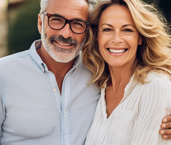 A smiling older couple stands close together outdoors. The man has short gray hair, a beard, glasses, and is wearing a light blue button-up shirt. The woman has long blonde hair and is wearing a white blouse. Both are looking directly at the camera, embodying the warmth and trust of our services.