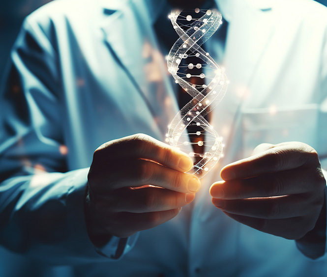 A person in a lab coat holds a glowing digital representation of a DNA strand, symbolizing genetic research or biotechnology. The background is blurred and dark, highlighting the illuminated DNA, evoking both the precision of science and the intricate blueprint of life's home.
